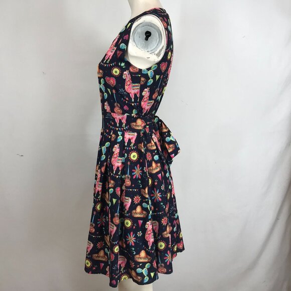 DOLLZ & DAMES- WOMEN SMALL ~ NAVY WESTERN LLAMA CACTUS PLEATED RETRO DRESS - Picture 6 of 7